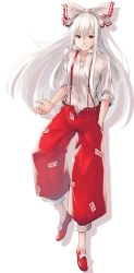 Rule 34 | &gt;:), 1girl, bad id, bad twitter id, baggy pants, bow, collared shirt, drop shadow, fujiwara no mokou, full body, hair between eyes, hair bow, hand in pocket, highres, koretsuki aduma, long hair, looking at viewer, ofuda, ofuda on clothes, pants, parted lips, red eyes, red footwear, red pants, shirt, shoes, sidelocks, silver hair, sleeves rolled up, solo, suspenders, touhou, v-shaped eyebrows, very long hair, white bow, white shirt