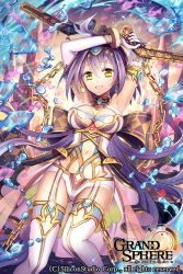 Rule 34 | 1girl, :d, arms up, breasts, bubble, chain, cleavage, copyright name, dual wielding, earrings, english text, fish, garter straps, grand sphere, gun, handgun, holding, jewelry, large breasts, long hair, navel, open mouth, pistol, purple hair, ronce, smile, solo, thighhighs, very long hair, watermark, weapon, white thighhighs, yellow eyes