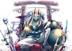 Rule 34 | 1girl, ass, bad id, bad pixiv id, barefoot, blonde hair, cup, earrings, fate/grand order, fate (series), highres, horns, ibaraki douji (fate), japanese clothes, jewelry, kimono, limeblock, long hair, looking at viewer, oni, sakazuki, sitting, smile, solo, sword, weapon, yellow eyes