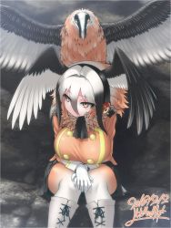 Rule 34 | 10s, 1girl, 2018, animal, bearded vulture (kemono friends) (yoshida hideyuki), bird, black hair, black skirt, boots, breasts, brown hair, buttons, commentary request, cross-laced footwear, dated, double-breasted, dutch angle, eyes visible through hair, facing viewer, feather collar, feet out of frame, gloves, gradient hair, gradient legwear, hair between eyes, hair intakes, head wings, headphones, highres, huge breasts, kemono friends, knee boots, knees together feet apart, lace-up boots, large breasts, long sleeves, looking back, miniskirt, multicolored clothes, multicolored hair, multicolored legwear, orange hair, original, pantyhose, pleated skirt, red eyes, rock, signature, sitting, skirt, solo, taut clothes, uniform, white footwear, white gloves, white hair, white pantyhose, wings, yoshida hideyuki