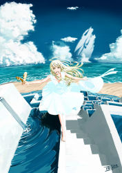 Rule 34 | 1girl, absurdres, barefoot, beach, blonde hair, chitose shuusui, cloud, day, dress, fountain, green eyes, grin, hat, unworn hat, unworn headwear, highres, holding, holding hat, holding shoes, ocean, original, outdoors, outstretched arms, sandals, scenery, science fiction, shoes, signature, sky, smile, solo, spacecraft, spread arms, stairs, sundress, water, white dress