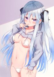Rule 34 | 1girl, bikini, black ribbon, blue hair, blush, breasts, cameltoe, grey jacket, hair ornament, hair ribbon, hand on own face, hand on own thigh, highres, jacket, large breasts, micro bikini, miso (misomiso 154), navel, open mouth, original, panties, panty pull, purple eyes, ribbon, silver hair, solo, swimsuit, underwear, undressing