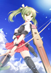 Rule 34 | 10s, 1girl, absurdres, aibumi, arrow (projectile), bad id, bad pixiv id, blue sky, bow (weapon), cloud, day, fang, green eyes, green hair, highres, kantai collection, matching hair/eyes, muneate, open mouth, pen-zin, personification, puffy sleeves, ribbon-trimmed clothes, ribbon trim, shirt, short sleeves, skirt, sky, solo, twintails, weapon, wrist cuffs, zuikaku (kancolle)