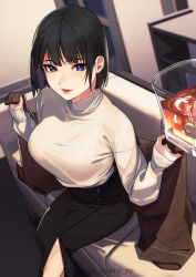 Rule 34 | 1girl, absurdres, artist name, black hair, black skirt, blush, breasts, brown jacket, couch, cup, highres, holding, holding cup, indoors, jacket, kagematsuri, large breasts, long sleeves, looking at viewer, mature female, on couch, open clothes, open jacket, original, parted lips, pov, purple eyes, short hair, sitting, skirt, smile, solo focus, sweater, turtleneck, turtleneck sweater, undressing, white sweater