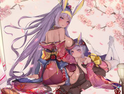 Rule 34 | 2girls, absurdres, aged down, animal ears, ass, back, bare shoulders, black legwear, blush, braid, breasts, cherry blossoms, dark-skinned female, dark skin, dual persona, earrings, egyptian, facepaint, facial mark, fate/grand order, fate (series), floral print, french braid, hair tubes, headband, high ponytail, highres, hoop earrings, jackal ears, japanese clothes, jewelry, kimono, large breasts, long hair, long sleeves, looking at viewer, looking back, multiple girls, nitocris (fate), obi, off shoulder, open mouth, purple eyes, purple hair, purple kimono, sash, sherryqq, sidelocks, thighhighs, thighs, white legwear, wide sleeves