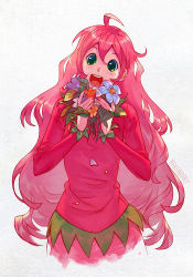 Rule 34 | 1girl, :d, ahoge, blush, borrowed character, bouquet, commission, flower, flower request, green eyes, holding, holding bouquet, long hair, long sleeves, looking at viewer, nail polish, nana nakano, open mouth, original, pink hair, pink nails, pink shirt, pink skirt, round teeth, shirt, skirt, smile, solo, tareme, teeth, upper body, very long hair