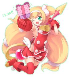 Rule 34 | 1girl, :d, bell, blazblue, blonde hair, blush, boots, bow, christmas, commentary request, dated, emurin, flat chest, full body, gift, gloves, green eyes, green outline, hair bow, hairband, heart, heart-shaped pupils, highres, long hair, looking at viewer, low-tied long hair, miniskirt, one eye closed, open mouth, outline, platinum the trinity, pleated skirt, pom pom (clothes), quad tails, red footwear, red gloves, red skirt, red thighhighs, santa costume, simple background, skirt, smile, solo, symbol-shaped pupils, thighhighs, very long hair, white background, white bow, white hairband