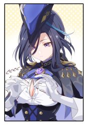 Rule 34 | 1girl, adjusting clothes, black corset, black hair, blue cape, blue hat, breasts, cape, clorinde (genshin impact), closed mouth, corset, epaulettes, genshin impact, gloves, hat, hat feather, highres, kabu usagi, large breasts, long hair, purple eyes, solo, tricorne, upper body, vision (genshin impact), white gloves