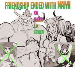 Rule 34 | 1boy, 2girls, abs, afrobull, animal ears, animal nose, artist self-insert, artist self-reference, bikini, clothed female nude male, collarbone, commentary, cow boy, cow ears, cow horns, crossed out, earrings, english commentary, english text, friendship ended with mudasir (meme), furry, furry male, grin, holding hands, high ponytail, horns, japanese clothes, jewelry, long hair, looking at viewer, meme, minotaur, multiple girls, muscular, nami (one piece), nose piercing, nose ring, nude, one piece, oni, open mouth, parody, pectorals, photo (object), piercing, smile, stomach, swimsuit, upper body, v-shaped eyebrows, x, yamato (one piece)