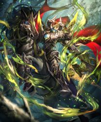 Rule 34 | 1boy, animal, armor, axe, blue eyes, branch, cape, forest, glowing, glowing eyes, greaves, highres, holding, holding axe, holding weapon, horse, male focus, nature, nogi lief, original, outdoors, pauldrons, red cape, riding, shoulder armor, signature, solo, tree, weapon