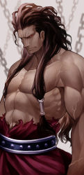 Rule 34 | 1boy, abs, absurdres, black hair, chain, clothing request, collarbone, commentary request, cowboy shot, fate/grand order, fate (series), heracles (fate), highres, kamonegi (meisou1998), long hair, looking at viewer, male focus, manly, messy hair, muscular, pectorals, red eyes, topless male, sidelocks, solo, torn clothes, veins
