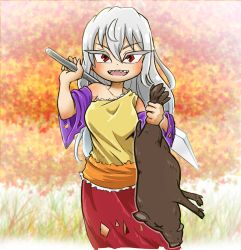 Rule 34 | 1girl, animal, autumn leaves, boar, chamaji, collarbone, commentary request, cowboy shot, detached sleeves, diamond (shape), frills, grass, hair between eyes, hatchet, highres, holding, holding animal, holding weapon, long hair, looking at viewer, nata (tool), open mouth, outdoors, over shoulder, red eyes, sakata nemuno, sharp teeth, single strap, skirt, solo, tail, teeth, touhou, tusks, weapon, weapon over shoulder, white hair, x x