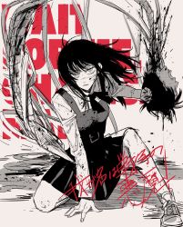 Rule 34 | 1girl, belt buckle, between legs, blood, blood on clothes, blood on face, buckle, chainsaw man, closed mouth, collared shirt, cross scar, dress, ebanoniwa, english text, facial scar, grabbing another&#039;s hair, hand between legs, hand on ground, highres, long sleeves, medium hair, neck ribbon, on one knee, open mouth, pinafore dress, ribbon, ringed eyes, scar, scar across eye, scar on cheek, scar on face, serious, severed head, shadow, shirt, shoes, sleeveless, sleeveless dress, solo, spine, spot color, tanaka (chainsaw man), v-shaped eyebrows, yoru (chainsaw man)