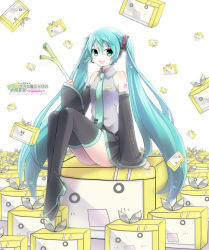 Rule 34 | 1girl, aqua hair, bad id, bad pixiv id, boots, detached sleeves, green eyes, hatsune miku, headset, hirako, kagamine rin, long hair, necktie, niconico, sitting, skirt, solo, spring onion, thigh boots, thighhighs, twintails, very long hair, vocaloid