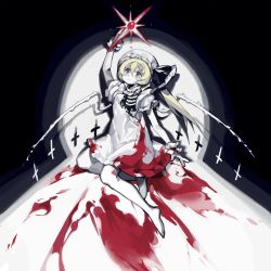 Rule 34 | 1girl, :&lt;, absurdres, alternate color, barefoot, black ribbon, blonde hair, blood, blood on clothes, closed mouth, commentary, cross, dress, flandre scarlet, full body, ganyeliuli, hair between eyes, hat, hat ribbon, highres, impasto, inverted cross, long hair, looking up, mob cap, one side up, reaching, red eyes, ribbon, ribs, short sleeves, sitting, solo, torn clothes, touhou, white dress, white hat, wings