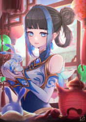 Rule 34 | 1girl, animal, bare shoulders, black hair, blue eyes, blue hair, blue nails, blurry, blurry foreground, breasts, brooch, detached sleeves, earrings, hair bun, hair rings, hands up, highres, holding, holding animal, ikumiy, jewelry, large breasts, league of legends, lux (league of legends), multicolored hair, nail polish, porcelain lux, rabbit, signature, single hair bun, smile, solo, two-tone hair, upper body