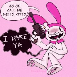 Rule 34 | 1boy, absurdres, cosplay, crossover, english text, gun, handgun, highres, looking at viewer, luger p08, max (sam &amp; max), my melody, my melody (cosplay), onegai my melody, open mouth, parody, pink background, pistol, rabbit, rabbit boy, rabbit ears, sam &amp; max, sanrio, sharp teeth, simple background, sitting, sitting on air, solo, speech bubble, talking to viewer, teeth, threat, threatening, weapon