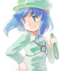 Rule 34 | 1girl, cucumber, female focus, hair bobbles, hair ornament, hat, kawashiro nitori, lowres, mamepon, short hair, smile, solo, touhou, two side up
