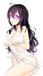 Rule 34 | 1girl, ahoge, babydoll, bad id, bad pixiv id, beifeng han, black hair, blush, breasts, cleavage, glowing, large breasts, lingerie, long hair, looking at viewer, miyaura sanshio, negligee, nightgown, open mouth, original, purple eyes, revision, simple background, solo, underwear, white background