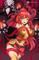 Rule 34 | 2girls, arms up, artist name, bare shoulders, belt, belt buckle, black sclera, blush, bound, breast cutout, breasts, buckle, bustier, circlet, cleavage, colored sclera, colored skin, detached collar, dress, elbow gloves, gloves, green eyes, grimm (rwby), lainart, large breasts, long hair, miniskirt, multiple girls, open mouth, patreon username, ponytail, pyrrha nikos, red eyes, red hair, rwby, salem (rwby), simple background, skirt, tentacles, thighhighs, watermark, web address, white hair, white skin