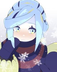 Rule 34 | 1boy, aqua eyes, aqua hair, blue mittens, blue scarf, blush, closed mouth, commentary request, creatures (company), game freak, grey background, grusha (pokemon), hands up, highres, jacket, long sleeves, looking away, male focus, mittens, nintendo, pokemon, pokemon sv, scarf, snowflakes, snowing, solo, striped clothes, striped scarf, upper body, yellow jacket, zerogiga