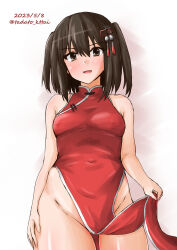 Rule 34 | 1girl, black hair, breasts, brown eyes, china dress, chinese clothes, cowboy shot, dated, dress, groin, hair ornament, highres, kamiya tadato, kantai collection, looking at viewer, one-hour drawing challenge, pelvic curtain, sendai (kancolle), sendai kai ni (kancolle), simple background, skirt hold, small breasts, solo, standing, twitter username, two side up, white background