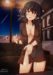 Rule 34 | 1girl, andou (girls und panzer), bathrobe, bed, black hair, blush, breasts, brown eyes, cleavage, couch, girls und panzer, heart, highres, indoors, large breasts, looking at viewer, megadeko, nervous, night, night sky, no bra, no panties, open mouth, short hair, sky, solo, sweat