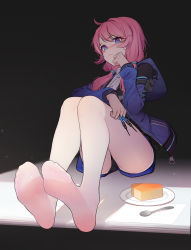 Rule 34 | 1girl, :t, absurdres, arknights, ass, between fingers, black shorts, blue eyes, blue jacket, blue poison (arknights), cake, cake slice, dart, feet, food, foot focus, foreshortening, hair over shoulder, hand up, highres, holding, hood, hood down, hooded jacket, jacket, jiachong jun z, knees up, long hair, long sleeves, looking at viewer, low twintails, pantyhose, pink hair, plate, shirt, short shorts, shorts, sitting, solo, thighs, twintails, white pantyhose, white shirt