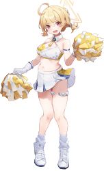 Rule 34 | 1girl, absurdres, ahoge, bare shoulders, blonde hair, blue archive, blush, braid, breasts, cheerleader, crop top, full body, halo, highres, holding, holding pom poms, kotori (blue archive), kotori (cheer squad) (blue archive), large breasts, looking at viewer, loose socks, megu (pixiv9460065), midriff, millennium cheerleader outfit (blue archive), miniskirt, muffin top, navel, official alternate costume, open mouth, pom pom (cheerleading), pom poms, red eyes, short hair, simple background, skirt, sleeveless, smile, socks, solo, standing, stomach, twintails, white background, white footwear, white skirt, yellow halo