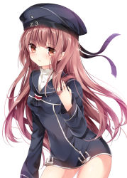 Rule 34 | 10s, 1girl, alternate hair length, alternate hairstyle, brown eyes, brown hair, cowboy shot, dress, hat, holding, holding own hair, kantai collection, long hair, long sleeves, looking at viewer, neckerchief, nogi takayoshi, parted lips, sailor collar, sailor dress, sailor hat, short dress, simple background, solo, white background, z3 max schultz (kancolle)