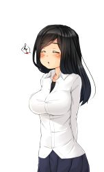 Rule 34 | 1girl, absurdres, arms behind back, black hair, black shirt, black skirt, blush, breasts, closed eyes, commentary request, cowboy shot, heart, highres, junk gaming maiden, kitsunerider, large breasts, long hair, marumi (junk gaming maiden), open mouth, puckered lips, shirt, simple background, skirt, solo, swept bangs, undershirt, white background, white shirt