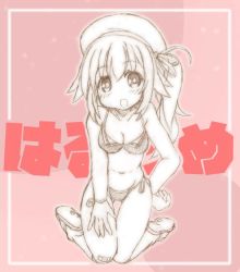 Rule 34 | 10s, 1girl, adapted costume, bandaid, bandaid on knee, bandaid on leg, bare shoulders, beret, bikini, breasts, character name, ehime mikan, hair ornament, hair ribbon, hand on own hip, harusame (kancolle), hat, kantai collection, kneeling, long hair, looking at viewer, open mouth, pink background, ribbon, sandals, school uniform, serafuku, side ponytail, simple background, sitting, smile, solo, swimsuit, wariza