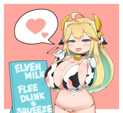 Rule 34 | 1girl, :p, ahoge, animal ears, animal print, bell, bikini, blonde hair, breasts, colored inner hair, cow ears, cow girl, cow print, cowbell, ear tag, elbow gloves, elf, elven forest maker, english text, engrish text, fellatio gesture, flower-shaped pupils, gloves, green hair, heart, highres, huge breasts, kulettula, last origin, long hair, looking at viewer, multicolored hair, navel, nipples, pinky out, pointy ears, ranguage, see-through, solo, spoken heart, swimsuit, symbol-shaped pupils, tongue, tongue out, two-tone hair, typo