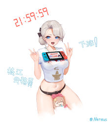 Rule 34 | + +, 1girl, :d, a-soul, absurdres, ava (a-soul), bella (a-soul), between legs, black panties, blue eyes, bra visible through clothes, breasts, character doll, chinese commentary, chinese text, commentary request, cowboy shot, crop top, diana (a-soul), double v, eileen (a-soul), hair bun, highres, large breasts, looking at viewer, nail polish, nintendo switch, object on breast, open clothes, open mouth, panties, shirt, short hair, short sleeves, silver hair, single hair bun, sitting, smile, solo, ta03545, translation request, underwear, v, virtual youtuber, white shirt