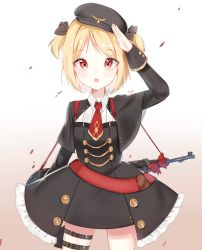 Rule 34 | 1girl, :o, arm up, black capelet, black dress, black hat, blonde hair, blush, bow, brown background, brown ribbon, cabbie hat, capelet, collared shirt, commentary, cowboy shot, dress, frilled dress, frills, girls&#039; frontline, gradient background, gun, hair ribbon, hat, highres, kayo (skc08049), long sleeves, mp40, mp40 (girls&#039; frontline), name connection, object namesake, parted lips, red bow, red eyes, ribbon, salute, shirt, skindentation, solo, submachine gun, thigh strap, two side up, weapon, white background, white shirt