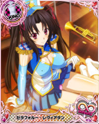Rule 34 | 10s, 1girl, artist request, band uniform, black hair, boots, breasts, card (medium), character name, chess piece, cleavage, epaulettes, female focus, gloves, hair ribbon, hat, high school dxd, high school dxd infinity, king (chess), large breasts, official art, purple eyes, ribbon, serafall leviathan, skirt, solo, trading card, twintails, white footwear, white gloves