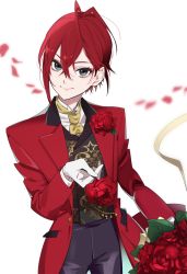 Rule 34 | 1boy, ahoge, aosuki88, blue eyes, bouquet, flower, formal, gloves, jacket, looking at viewer, male focus, necktie, red eyes, red flower, red hair, red rose, riddle rosehearts, rose, short hair, simple background, smile, suit, twisted wonderland, white gloves