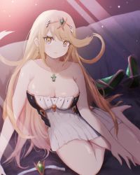 Rule 34 | 1girl, absurdres, blonde hair, breasts, chest jewel, cleavage, dress, earrings, highres, jewelry, large breasts, long hair, mythra (xenoblade), nintendo, short dress, solo, swept bangs, takumi (user xmwf4727), thigh strap, tiara, very long hair, white dress, xenoblade chronicles (series), xenoblade chronicles 2, yellow eyes