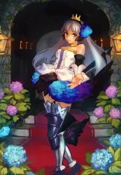 Rule 34 | 1girl, armor, armored boots, bare shoulders, boots, choker, cropped legs, dress, female focus, flower, greaves, gwendolyn (odin sphere), hair flower, hair ornament, highres, indoors, light smile, looking at viewer, nonomononano, odin sphere, outstretched arm, parted bangs, polearm, pteruges, silver hair, skirt, sleeveless, sleeveless dress, smile, solo, spear, stairs, standing, strapless, strapless dress, thigh boots, thighhighs, tiara, weapon, white dress, wings