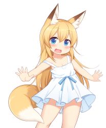 Rule 34 | 1girl, :d, animal ear fluff, animal ears, blue eyes, blush, dress, fang, fox ears, fox tail, long hair, looking at viewer, open mouth, original, outstretched arms, simple background, sleeveless, sleeveless dress, smile, solo, tail, victor (tama e akira), white background, white dress