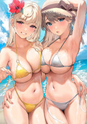 Rule 34 | 2girls, :o, absurdres, arm around waist, arm up, armpits, bare shoulders, beach, bikini, blonde hair, blue eyes, blue sky, blush, breast press, breasts, brown eyes, brown hair, cleavage, cloud, collarbone, commentary request, cowboy shot, day, flower, grey bikini, grin, groin, hair flower, hair ornament, hat, hat ribbon, hibiscus, highres, horizon, inushima, large breasts, legs together, long hair, looking at viewer, multiple girls, navel, o-ring, o-ring bikini, ocean, open mouth, original, outdoors, ribbon, skindentation, sky, smile, standing, stomach, string bikini, sun hat, swimsuit, thighs, underboob, untied bikini, wet, white bikini, yellow bikini
