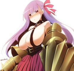 Rule 34 | 10s, 1girl, bare shoulders, blush, breasts, claws, commentary request, fate/extra, fate/extra ccc, fate (series), hair ribbon, huge breasts, kurikara, long hair, looking at viewer, passionlip (fate), purple hair, red eyes, revealing clothes, ribbon, solo, twitter username, upper body, white background