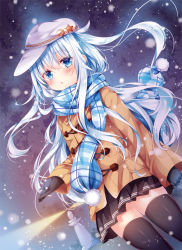 Rule 34 | 10s, 1girl, black gloves, black thighhighs, blue eyes, blue hair, coat, gloves, hat, hibiki (kancolle), kantai collection, long hair, looking at viewer, matching hair/eyes, nogi takayoshi, parted lips, pleated skirt, scarf, skirt, snowing, solo, thighhighs, verniy (kancolle), winter clothes, winter coat, zettai ryouiki