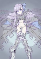 Rule 34 | 10s, 1girl, armor, blue eyes, crotch plate, fate/extra, fate/extra ccc, fate (series), greaves, kawakami rokkaku, long hair, looking at viewer, meltryllis (fate), navel, purple hair, sitting, smile, solo, very long hair