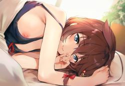 Rule 34 | 1girl, ahoge, blue eyes, blue nightgown, blush, braid, breasts, brown hair, day, hair flaps, hair ornament, kantai collection, long hair, looking at viewer, lying, medium breasts, nightgown, nipple slip, nipples, off shoulder, on bed, on side, pov across bed, shigure (kancolle), shigure kai ni (kancolle), single braid, smile, solo, umakuchi shouyu, under covers, window