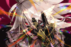 Rule 34 | 1boy, bishounen, blue eyes, collar, eye beam, fate/apocrypha, fate (series), hand on own face, heterochromia, jewelry, karna (fate), kdm (ke dama), male focus, portrait, red eyes, solo, spiked collar, spikes, white hair