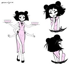 Rule 34 | 1girl, breasts, china dress, chinese clothes, dress, extra arms, extra eyes, fangs, arthropod girl, monster girl, muffet, shoes, spider girl, undertale