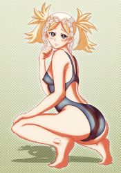 Rule 34 | 1girl, ass, barefoot, blonde hair, breasts, competition swimsuit, covered erect nipples, fire emblem, fire emblem awakening, green eyes, highres, imo karubi, lissa (fire emblem), long hair, nintendo, one-piece swimsuit, solo, swimsuit, twintails