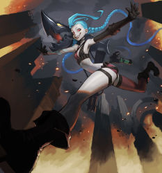 Rule 34 | 1girl, blue hair, boots, breasts, destruction, fang, fire, grin, hairline, jinx (league of legends), league of legends, legs, long hair, long legs, looking at viewer, loped, pale skin, red eyes, red thighhighs, short shorts, shorts, single thighhigh, small breasts, smile, thighhighs, twintails, very long hair