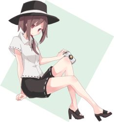 Rule 34 | 1girl, arm support, black footwear, black hat, can, hair over shoulder, hat, high heel sandals, high heels, holding, holding can, invisible chair, legs, long hair, looking at viewer, ponytail, red eyes, sandals, shiroshi (denpa eshidan), shoes, simple background, sitting, solo, touhou, usami renko
